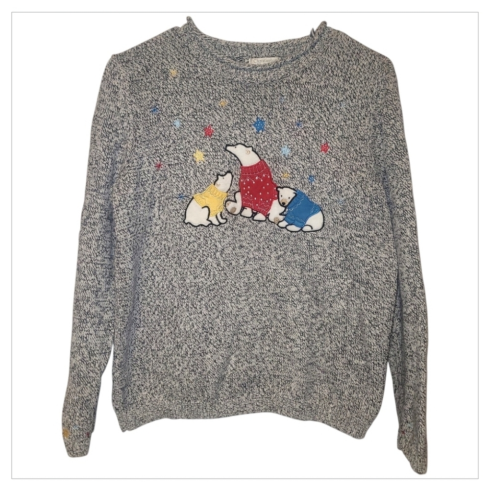 Vintage Christopher & Banks Polar Bear Embroidered Knit Sweater Gray Womens S M